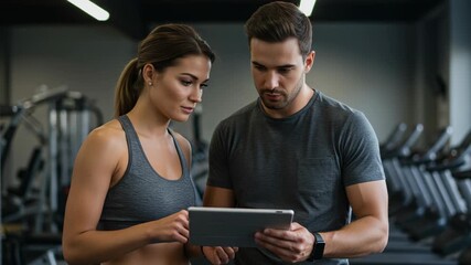 A man and woman in a gym looking at a tablet, possibly a trainer and client discussing a workout plan or progress