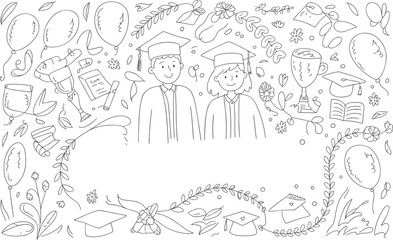 Cute graduation characters illustration, joyful students lifestyle scene with diplomas, caps, and celebration elements, perfect for academic success themes