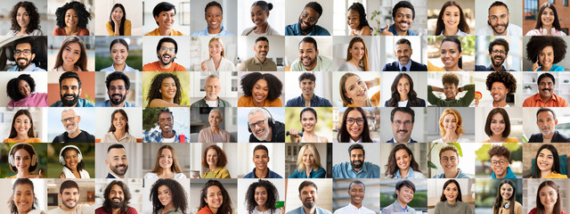 Fototapeta premium A vibrant collage showcases diverse individuals enjoying a moment of joy. With cheerful expressions, each person highlights the beauty of multiethnic connections in various lifestyles.