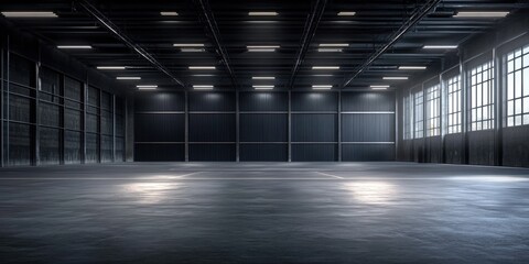 Industrial warehouse interior with high ceilings, concrete walls, dim lighting, 3D empty hall of modern