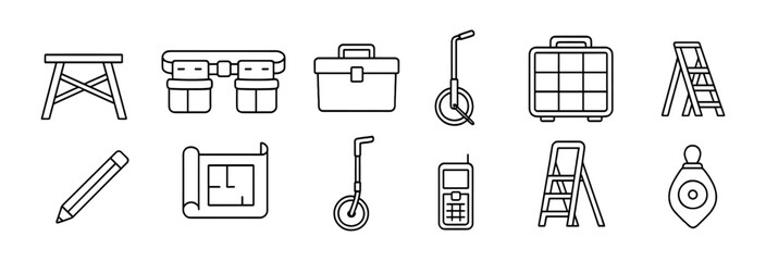 Fototapeta premium Construction, tools line icon set. workshop, equipment blueprint icons outline collection