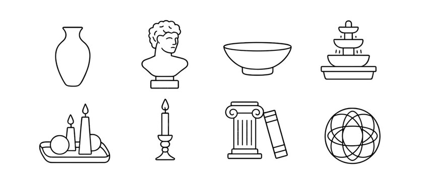 Art, culture outline icon set. sculpture, architecture, ancient symbols in outline style