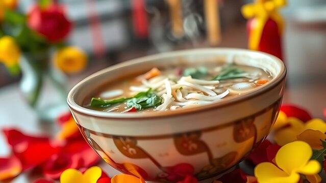 Vietnam National Day flag on silk cushion with bamboo leaves and lanterns