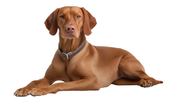 Isolated brown dog lying on transparent background with calm expression and collar
