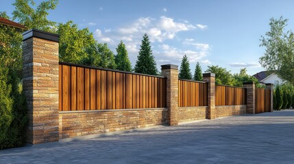 Residential Wooden Fence, Sunny Day, Suburban Landscape, Home Exterior