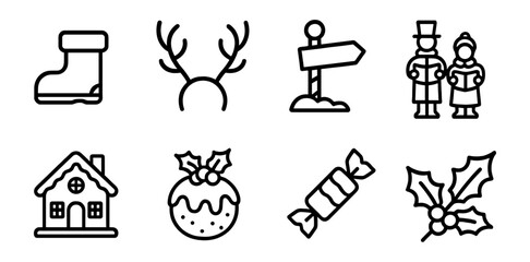 Obraz premium Christmas holiday festivities outline icon set. decorations, winter symbols collection