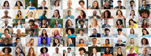 A lively collection of portraits showcases a diverse group of individuals with joyful expressions.