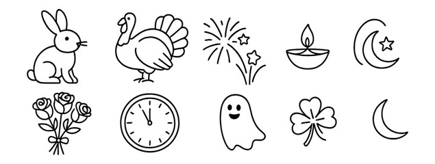 Holiday, celebration outline icon set. festive, seasonal symbols in line art