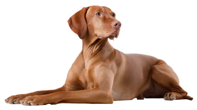 Isolated brown dog lying on transparent background with alert expression and smooth fur