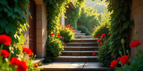 Fototapeta premium A stone staircase winds upwards, flanked by lush greenery and vibrant red poppies. Sunlight filters through the leaves, casting a warm glow on the scene