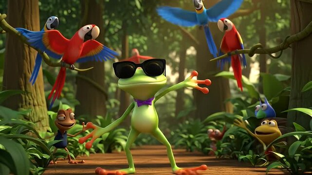 cool frog with sunglasses and friends in jungle