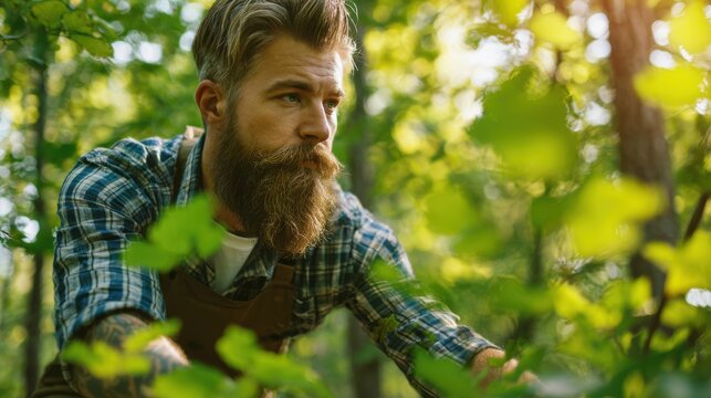 A bearded man in a plaid shirt and apron carefully works with plants in a vibrant forest setting, surrounded by lush greenery and sunlit leaves