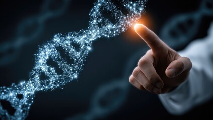 Hand points at a glowing DNA double helix