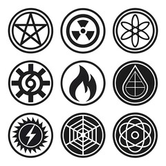 Collection of nine circular symbols including pentagram radiation fire and atom isolated on white background