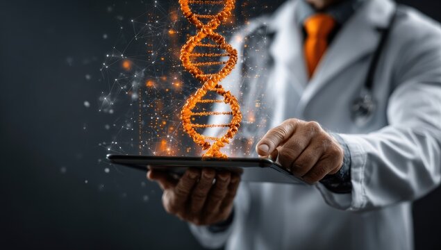 Doctor interacting with DNA model on tablet