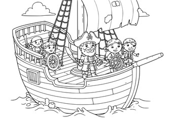 Adventurous pirate crew sailing the high seas in a fun silhouette illustration for kids, vector graphics, coloring page