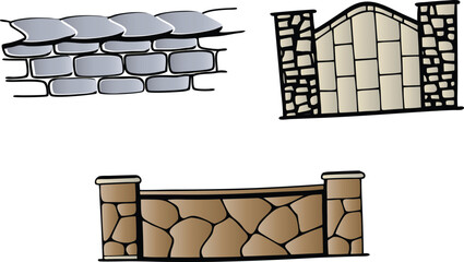 Stone Wall, Gate, and Fence: Cartoon Style Architectural Elements, Rustic, Simple Design