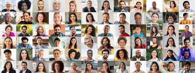 A vibrant collage captures a collection of faces from various backgrounds, all smiling and exuding joy. Their expressions highlight a shared sense of happiness and unity in diversity.