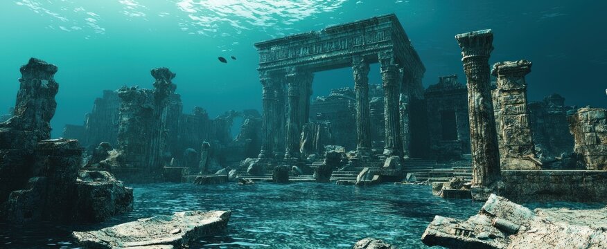 3d rendering of the sunken ruins of an ancient Atlantis type civilization
