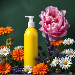Yellow pump bottle surrounded by colorful flowers including peony, daisies, calendula, and lavender against a dark green background.