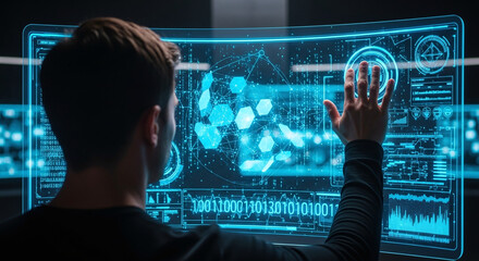 Man Interacting Future Digital Data Interface Technology Network Computing