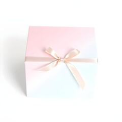 Square gift box with a pink and blue gradient, tied with a satin ribbon and bow.