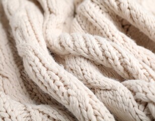 Close-up of creamy, textured knit fabric with visible cable knit pattern and soft folds