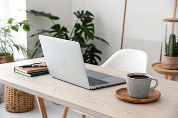 Laptop and coffee on a wooden desk with plants computer