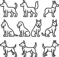 Nine Simple Line Art Dog Breed Icons: Standing, Sitting, Minimalist Style
