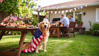 Dog in American flag at backyard BBQ