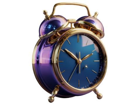 Shiny Blue and Gold Alarm Clock on Isolated Transparent Background- Vintage Style Timepiece for Wake Up Call, Morning Reminder