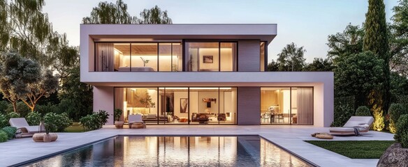 3D rendering of a modern luxurious house with pool