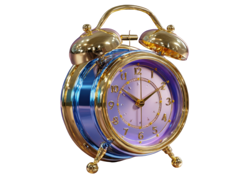 Shiny Gold and Blue Alarm Clock on Isolated Transparent Background