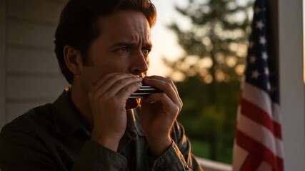 Man playing a harmonica on a porch with an American flag in warm golden hour light - Powered by Adobe