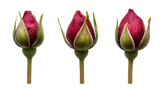 Three vibrant rosebuds showcasing a gradient of colors, set against a clean background, ideal for floral designs with transparent background PNG
