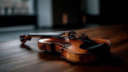 Fototapeta premium Aged violin music studio closeup photography natural light artistic perspective capturing timeless craftsmanship