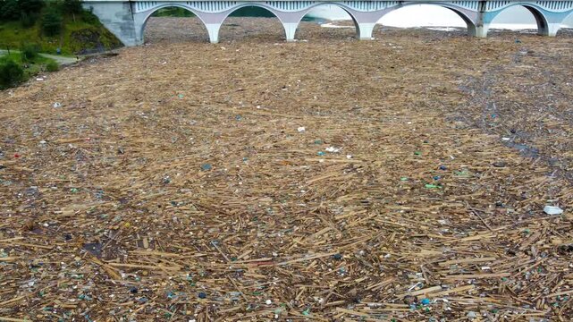 A layer of waste and garbage floating on the surface of the Izvorul Muntelui Bicaz lake. Water pollution