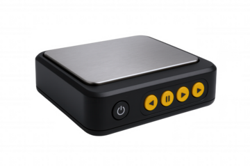 Compact Digital Device with Brushed Metal Top and Yellow Control Buttons for Portable Use