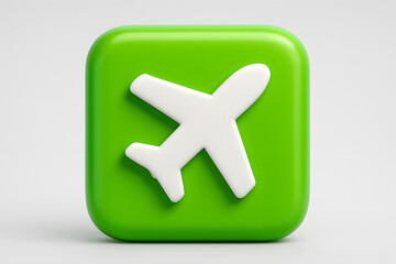 Obraz premium Green Airplane Icon: A clean, bright green square displays a stark white airplane icon, representing air travel, flight, and the concept of transportation.