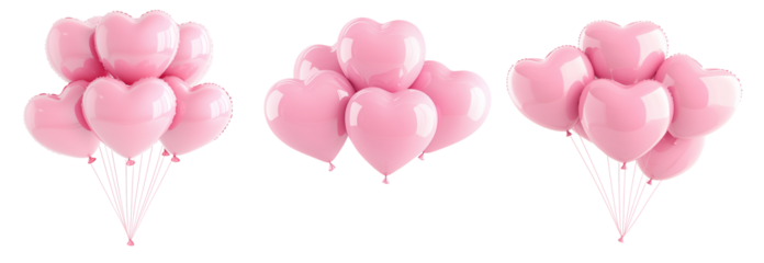 A cluster of shiny pink heart-shaped balloons floating against white transparent background, symbolizing love and celebration of Valentine Day