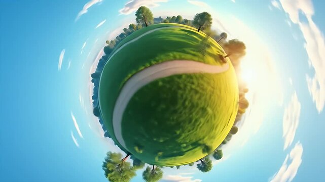 A digitally manipulated tiny planet effect showing a spherical earth with grass, hills, trees, clouds, and a winding path curving across the horizon.