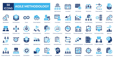 Agile Methodology Fill Icon Set. Agile Framework, Scrum Board, Sprint Planning, Daily Check In, Kanban Process, Product Tasks, Sprint Reflection