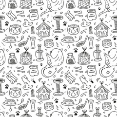 Seamless hand-drawn cat care pattern with food, toys, scratching posts, litter, and lifestyle elements for pet owners and animal lovers
