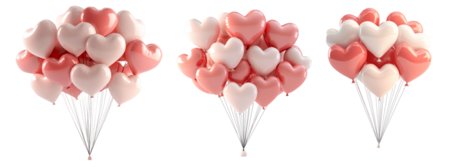 A cluster of pink and white heart-shaped balloons tied together isolated on white transparent background, symbol of love and celebration