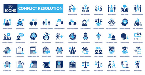 Conflict Resolution Fill Icon Set. Workplace Conflict, Team Disagreement, Manager Mediation, Neutral Facilitator, Passive Tension, Reconciliation Moment, Team Dynamics