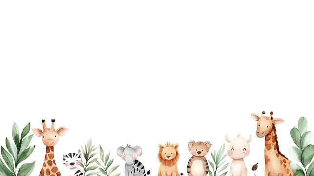 Fototapeta Cute cartoon safari zoo with animal frame border featuring giraffe, zebra, lion, and more, surrounded by lush greenery