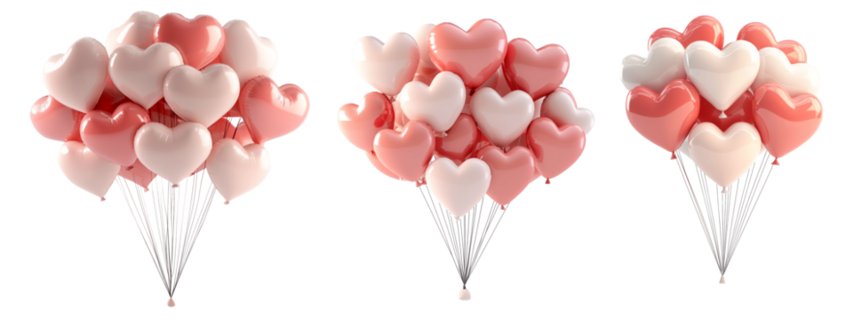 A cluster of pink and white heart-shaped balloons tied together isolated on white transparent background, symbol of love and celebration
