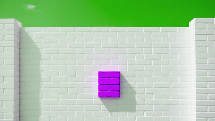 Abstract minimalist composition of a white brick wall with a vibrant green sky and a stack of five magenta blocks casting a shadow between pillars