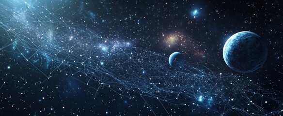 Abstract image of a growth chart in the form of a starry sky or space, consisting of points, lines, and shapes in the form of planets, stars and the universe. 3D Render illustration wireframe concept.