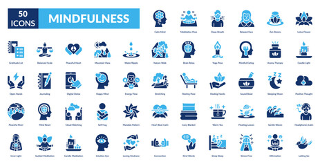 Mindfulness Fill Icon Set. Calm Mind, Meditation Pose, Deep Breath, Relaxed Face, Zen Stones, Lotus Flower, Candle Light